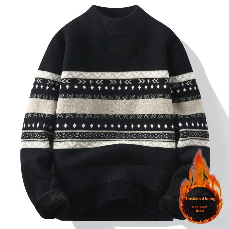 Men's mock-neck knit sweater, black with cream and navy Fair Isle banding