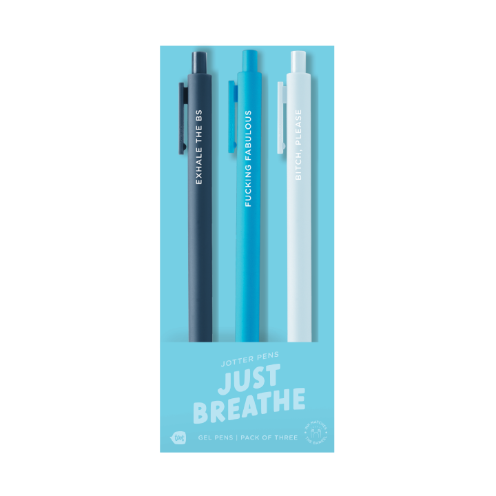 Gel pen set with dark gray, blue, and white pens