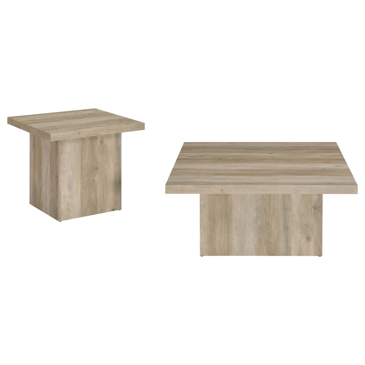 Two-piece distressed pine square end table set with one small and one larger table