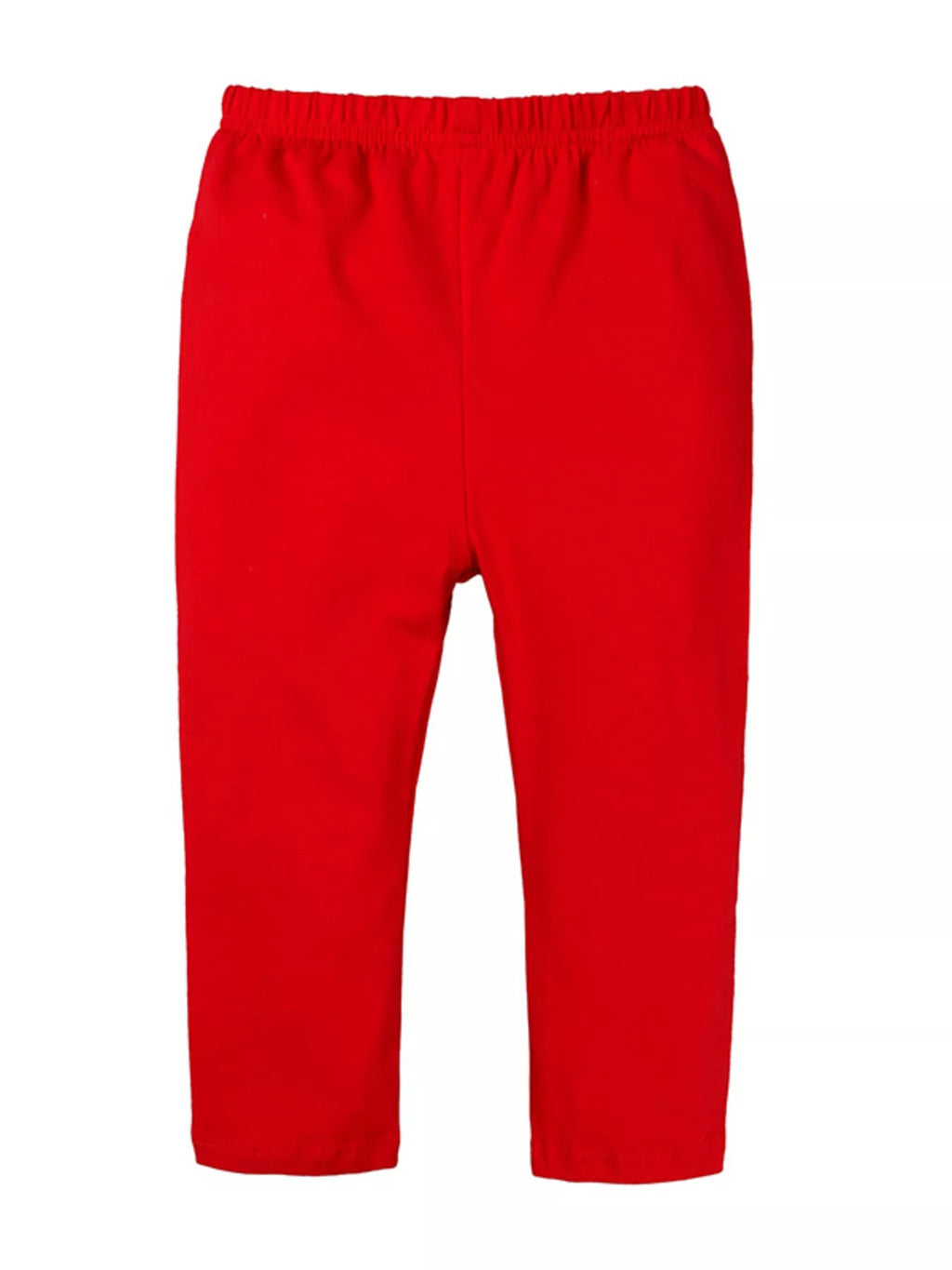 Red pull-on pants with elastic waistband and straight leg cut