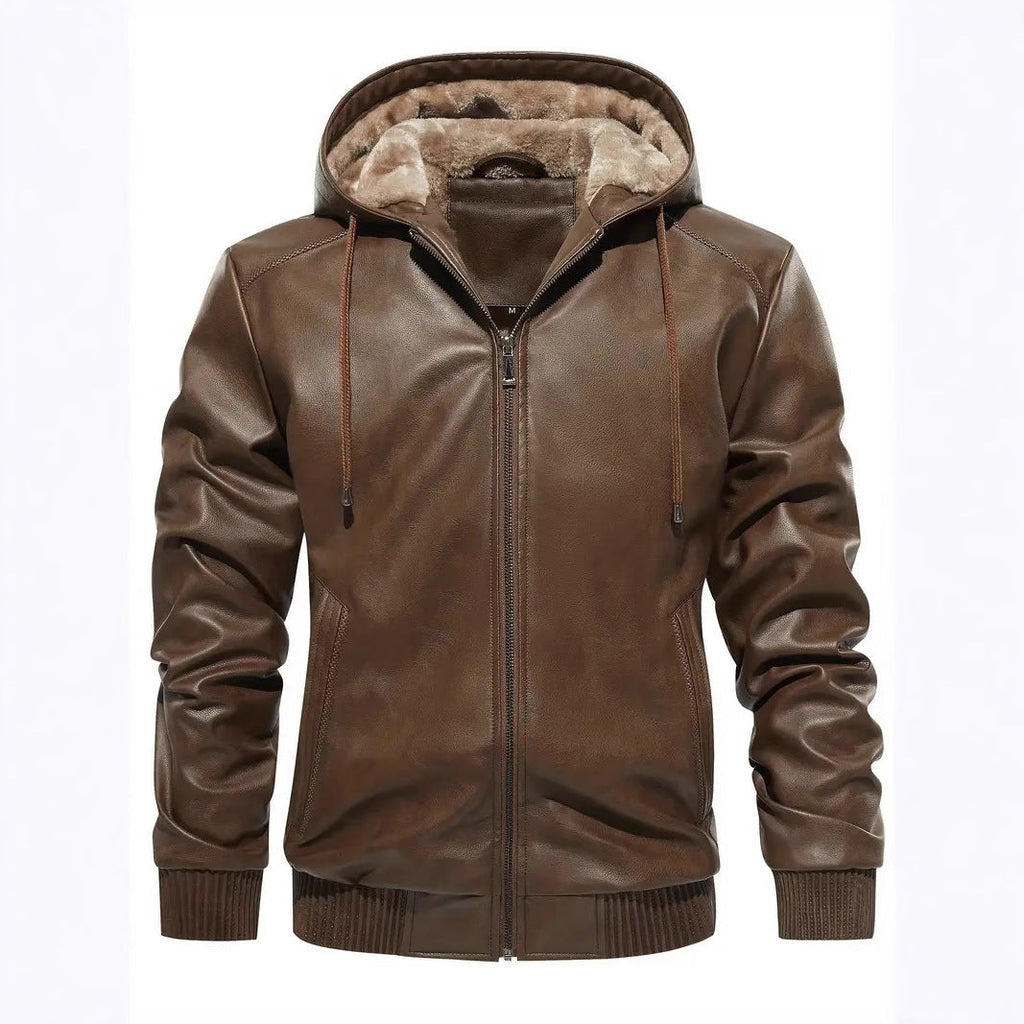 Men's brown hooded leather coat with fleece lining, front zipper, drawstring hood