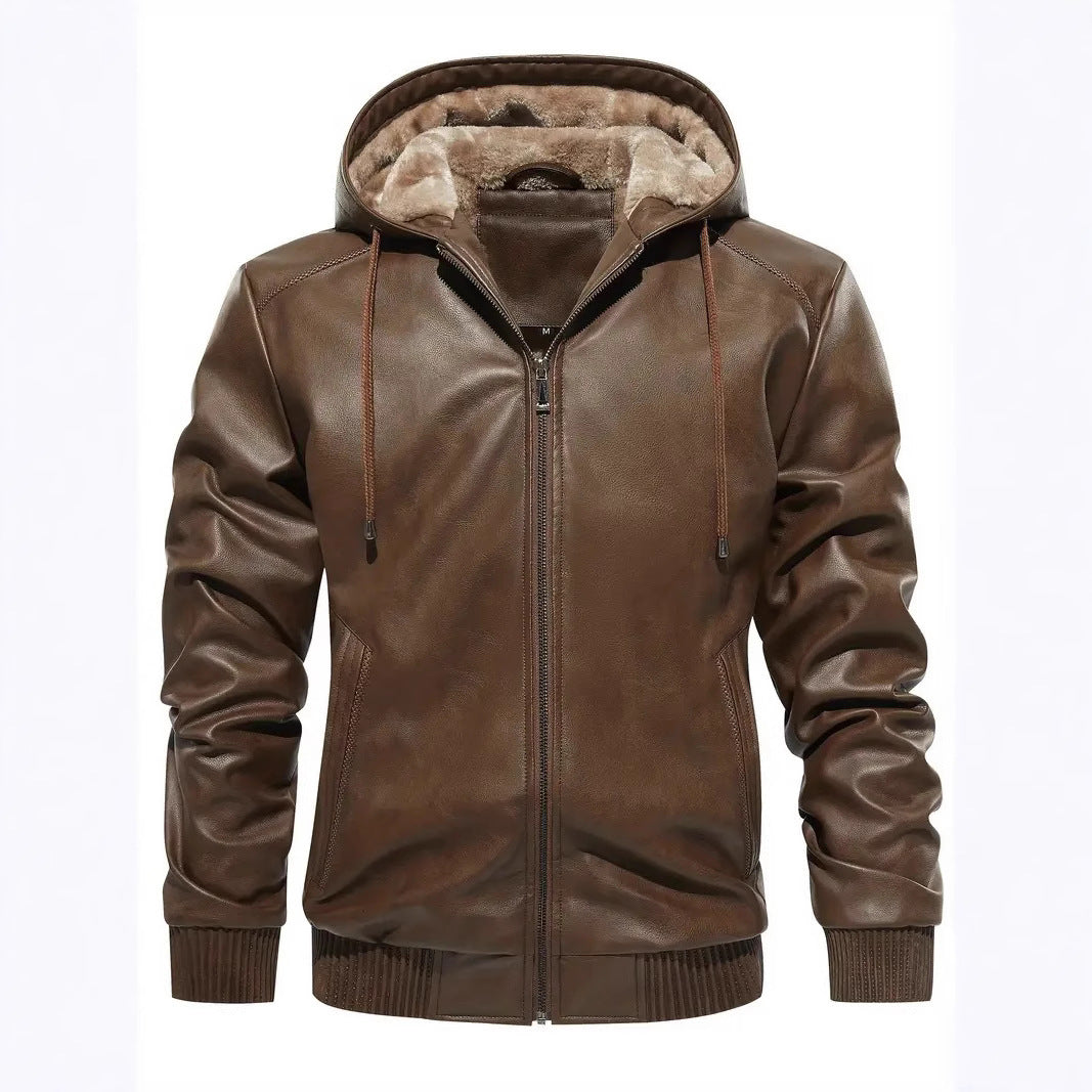 Men's brown hooded leather coat with fleece lining, front zipper, drawstring hood