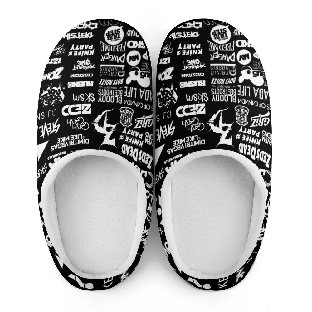 Pair of black cotton slip-on slippers with white graphic text pattern, open toe