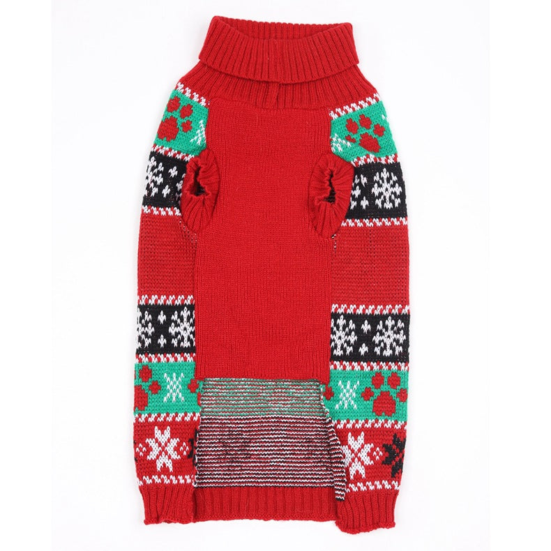 Red knit dog coat sweater with ribbed turtleneck and multicolor holiday fair isle panels