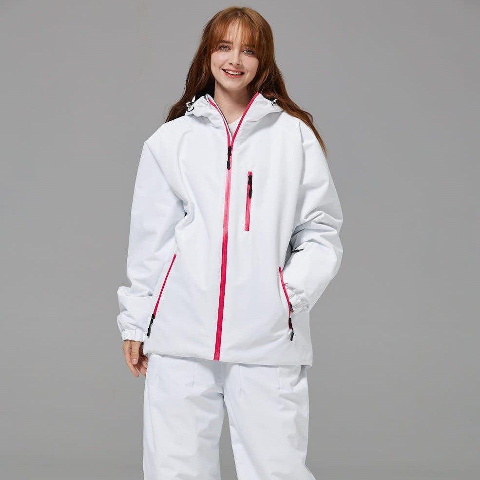 White unisex ski suit set with pink-trim hooded jacket and matching loose pants