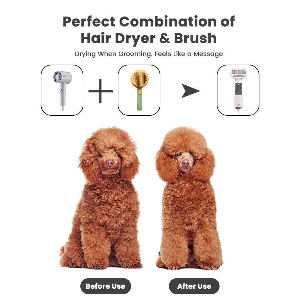 Pet grooming dryer brush shown with before-and-after coat results