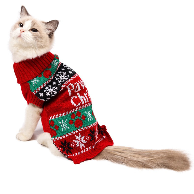 Red and black festive knit dog sweater with turtleneck and green patterned cuffs