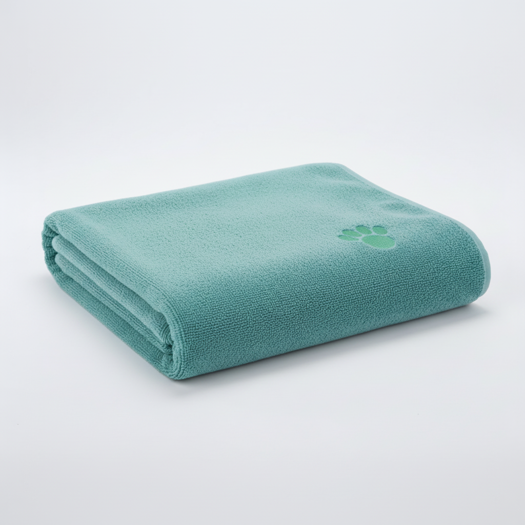 Quick-dry towel, teal rolled with green paw-print emblem