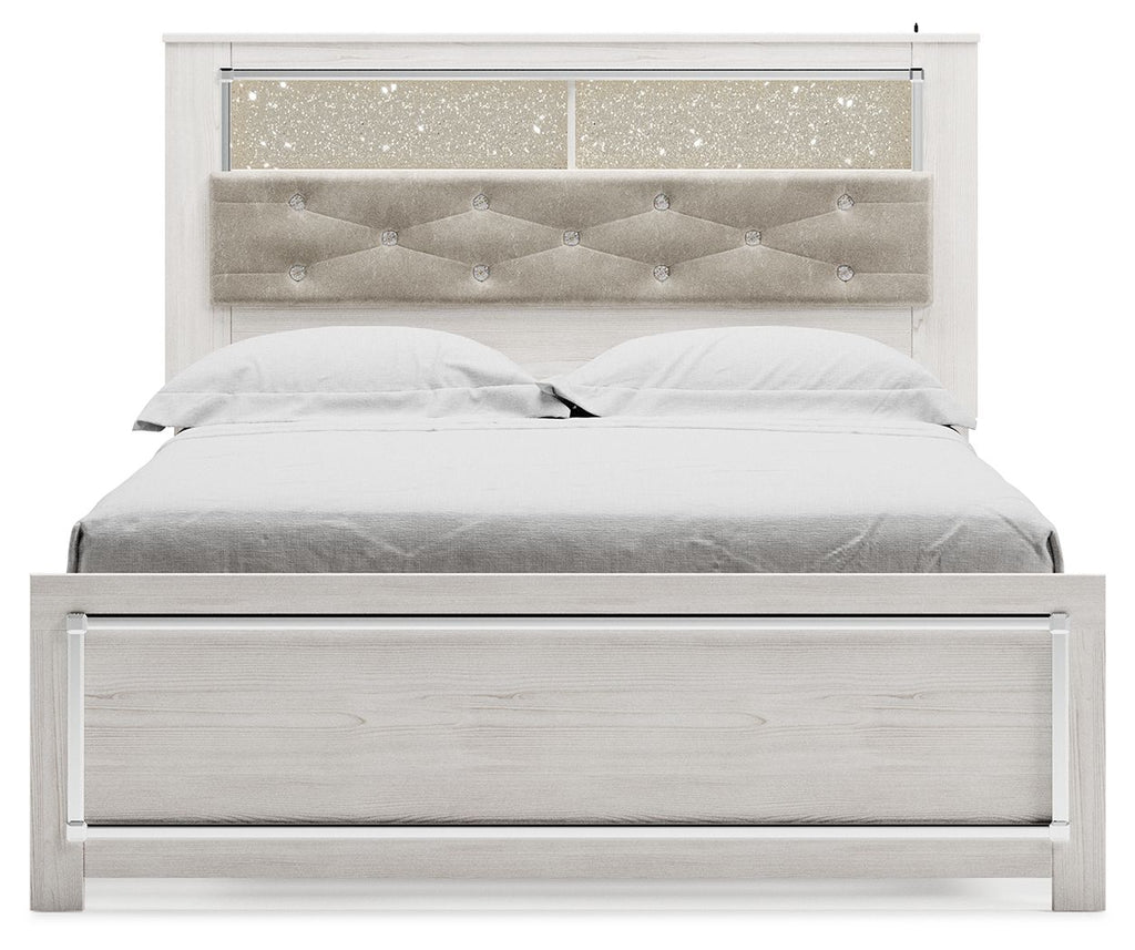 White panel bed with grey upholstered headboard and fabric button trim