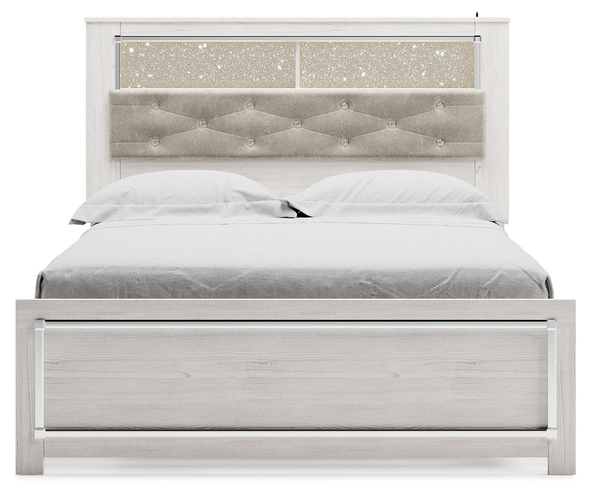 White panel bed with grey upholstered headboard and fabric button trim