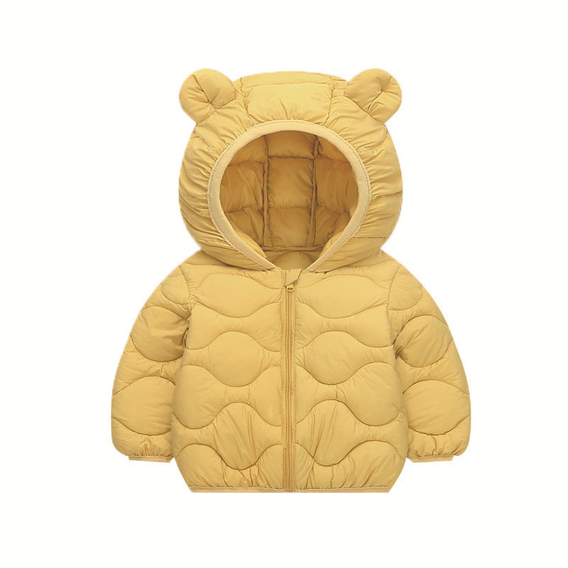 Yellow baby hooded padded jacket with bear-ear hood and front zipper