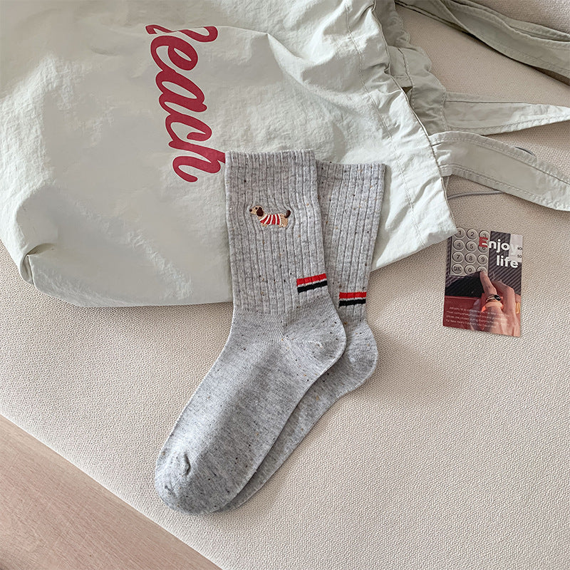 Children's gray ribbed socks with dog embroidery and red/blue stripe cuff