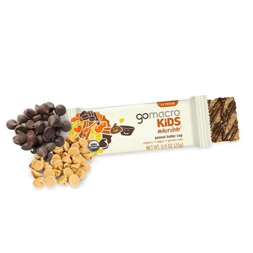 Gomacro Kids macrobar peanut butter cup bar with wrapper and broken bar piece
