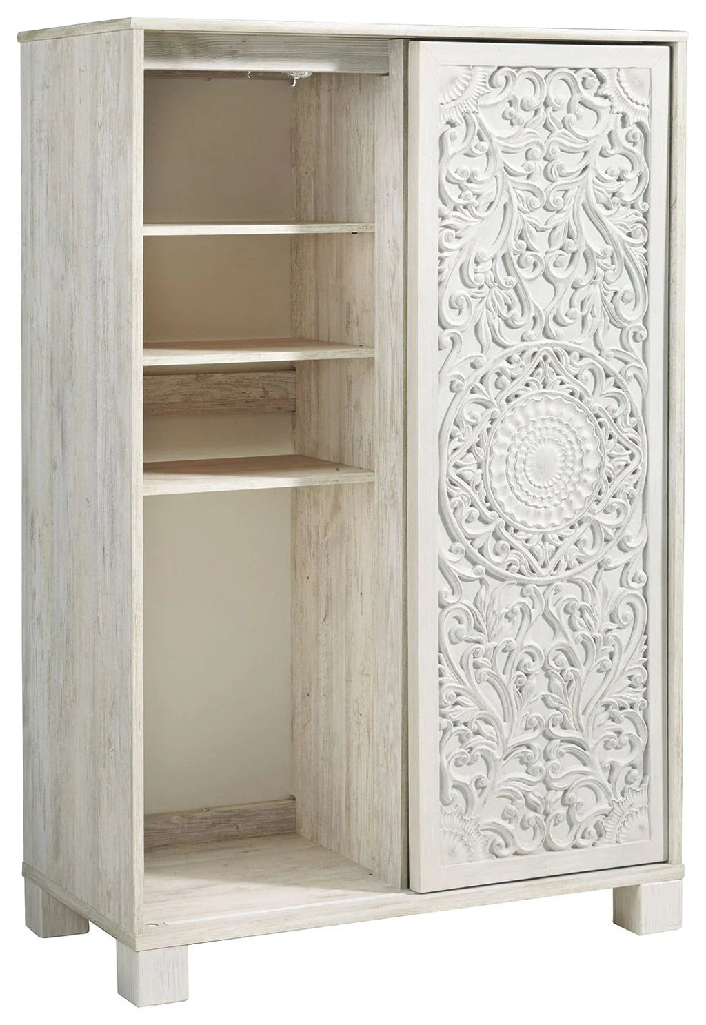 Whitewash dressing chest with open wardrobe door and embossed panel; interior shelves visible