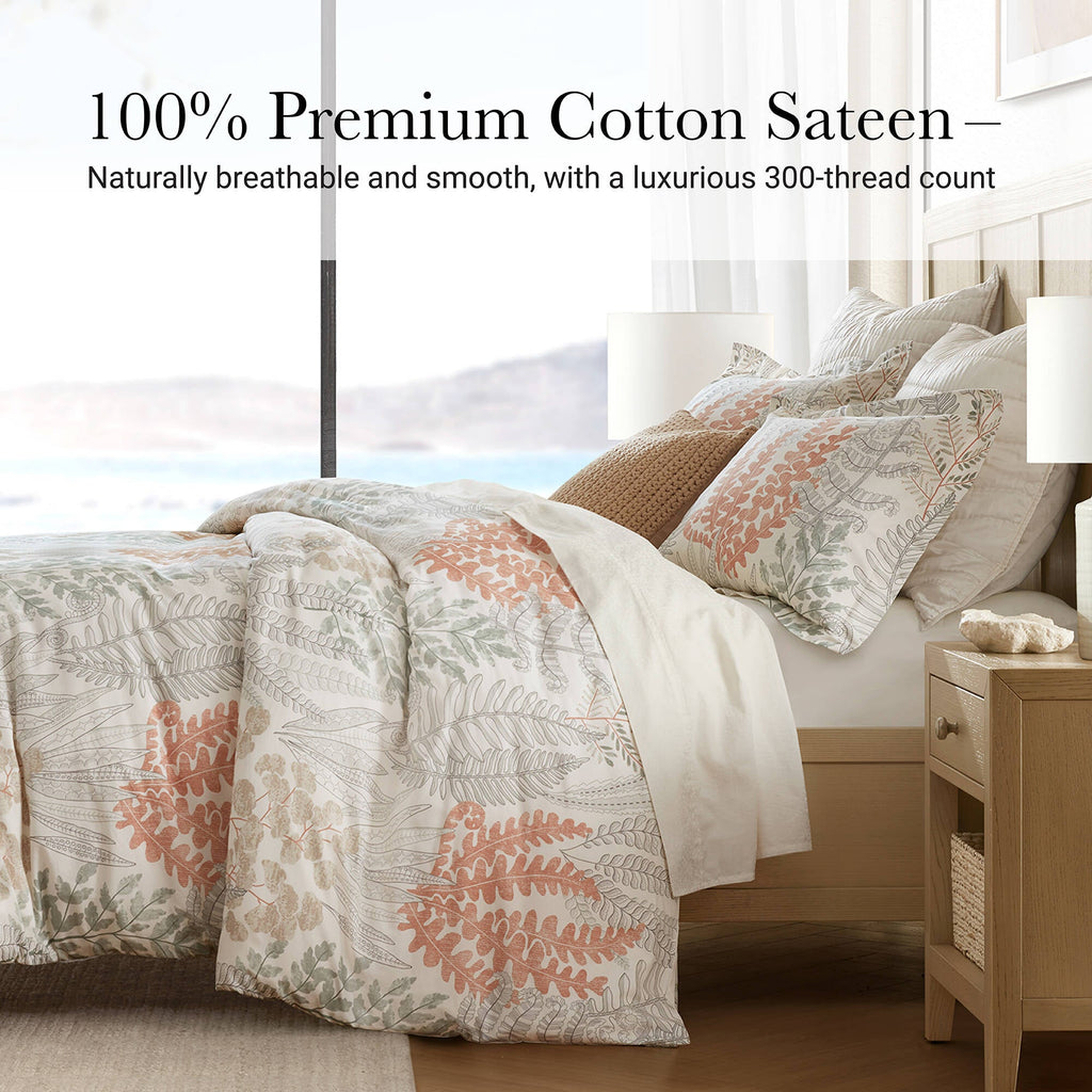 Cotton duvet cover and shams set with botanical leaf print, white with terracotta and sage