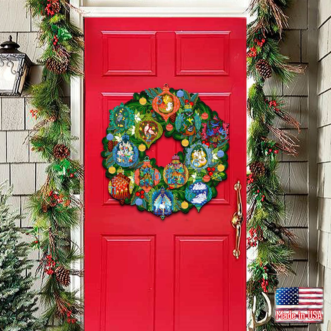 12 Days of Christmas door wreath with colorful numbered ornaments on a green foliage base