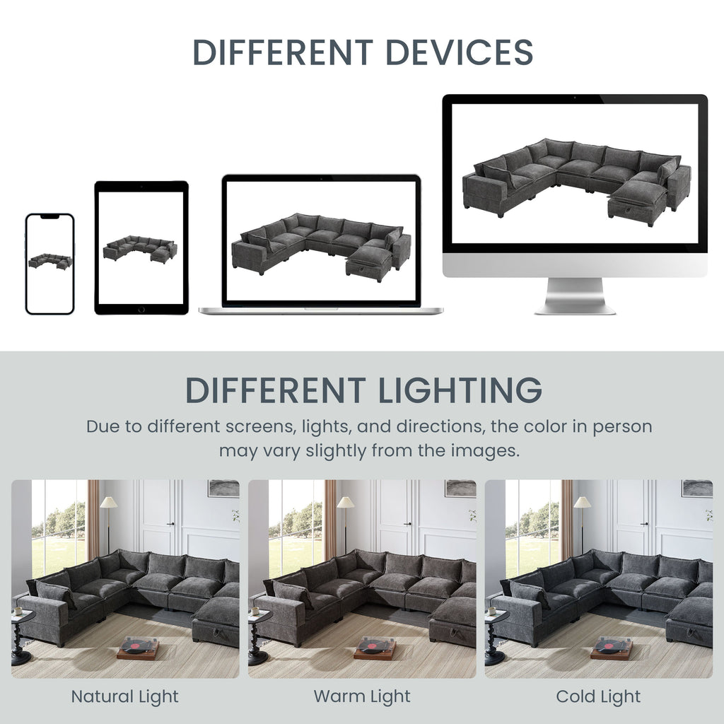 Gray modular sectional sofa shown in different configurations with lighting examples.