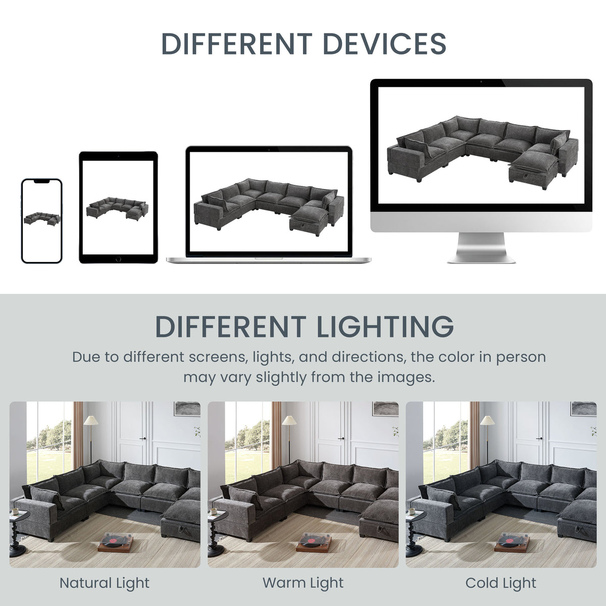 Gray modular sectional sofa shown in different configurations with lighting examples.