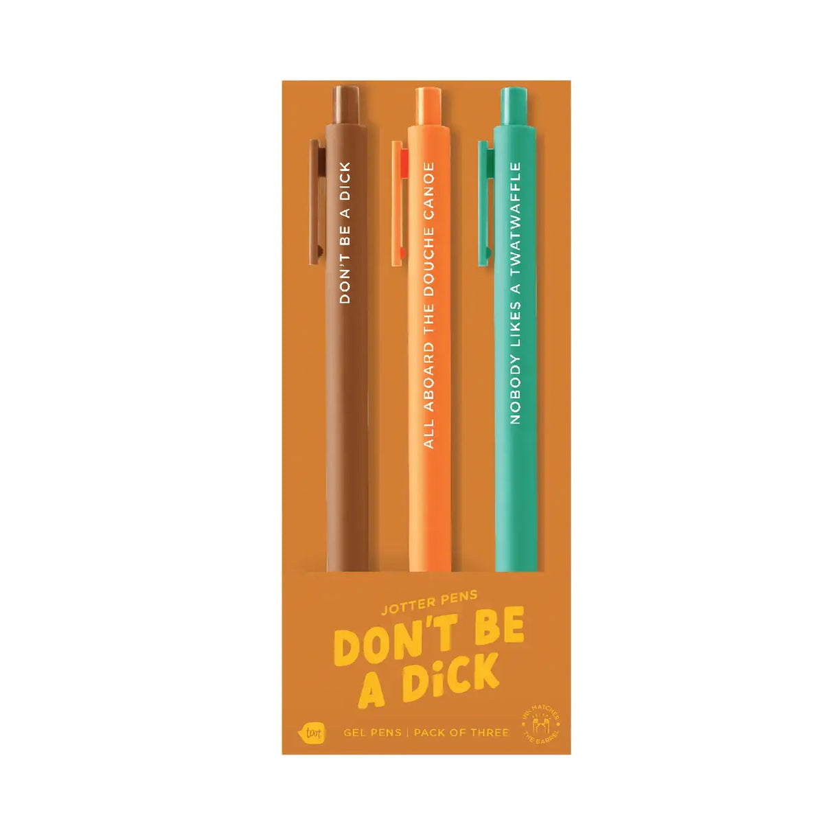 “Don’t Be a Dick” Jotter pens 3-pack, boxed set with orange, coral, and teal pens
