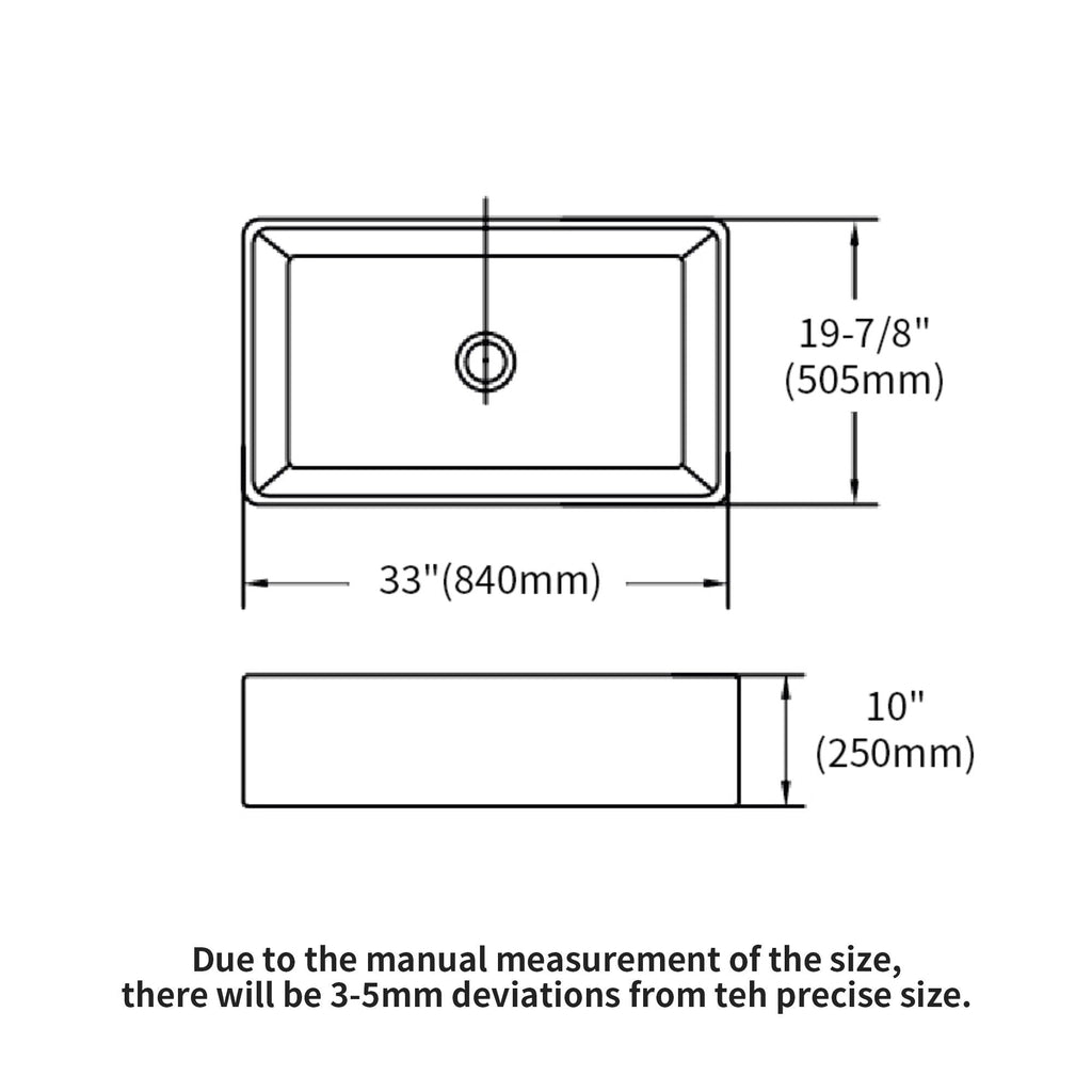 Ceramic single-bowl apron-front kitchen sink diagram, 33in width and 10in depth