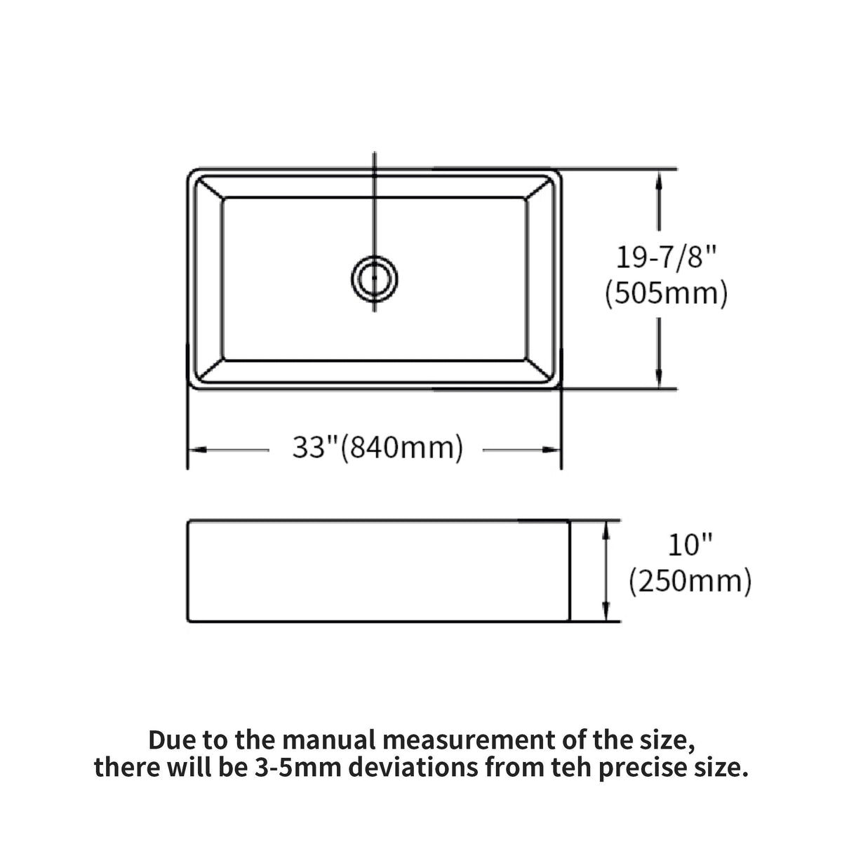 Ceramic single-bowl apron-front kitchen sink diagram, 33in width and 10in depth