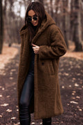 Women’s teddy long coat, brown plush faux fleece, hooded with button front