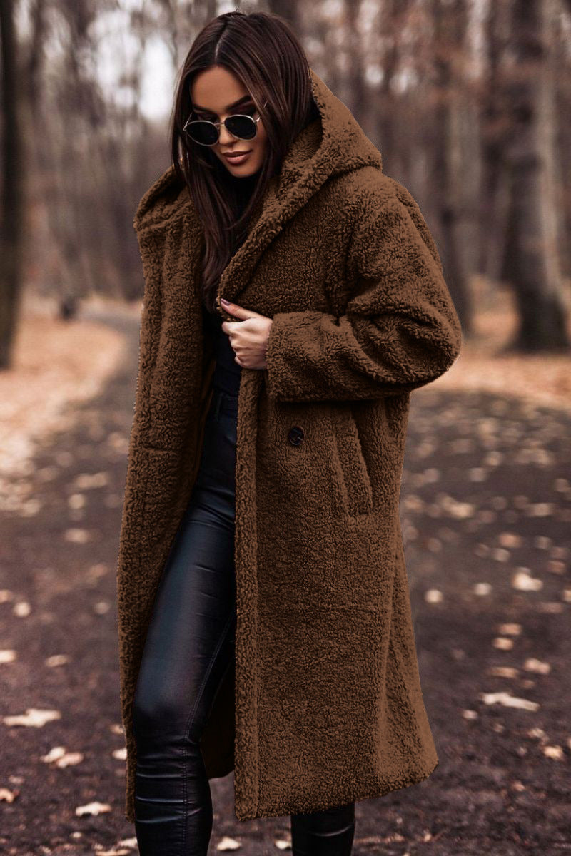 Women’s teddy long coat, brown plush faux fleece, hooded with button front