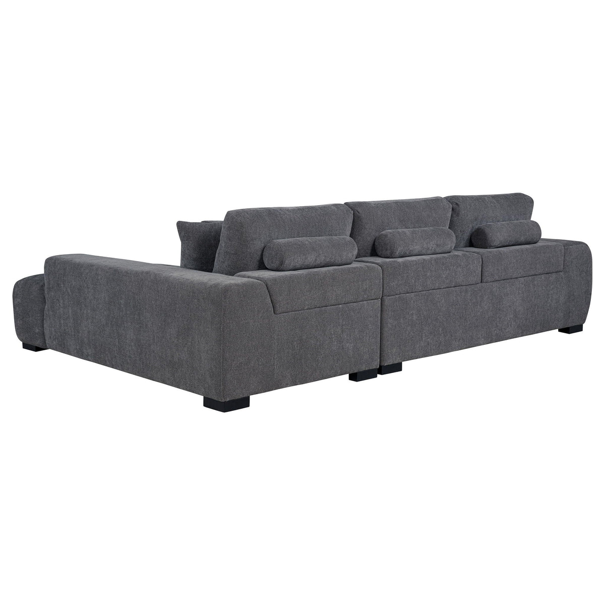Charcoal gray sectional chaise sofa with boxy arms, low legs, and built-in back cushions
