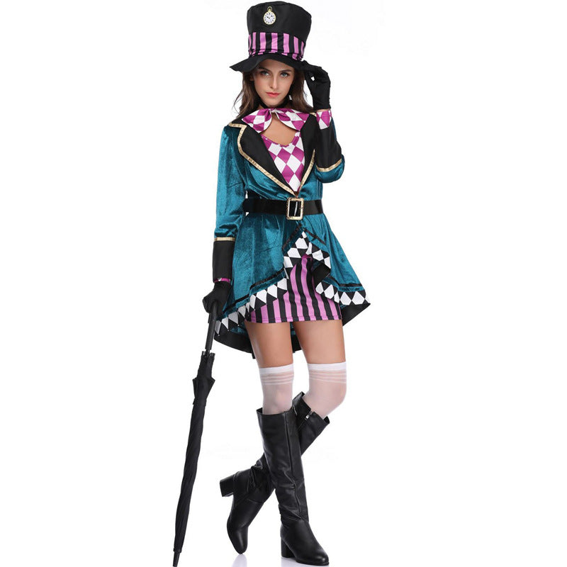 Purple-and-black striped witch hat with black brim and gold badge detail