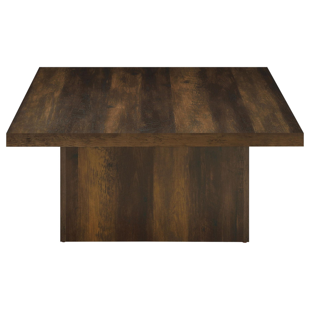 Square dark pine engineered wood coffee table with flat top and straight base panel