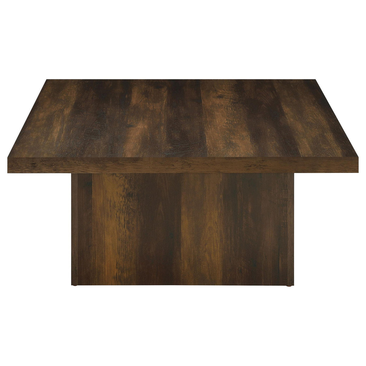 Square dark pine engineered wood coffee table with flat top and straight base panel