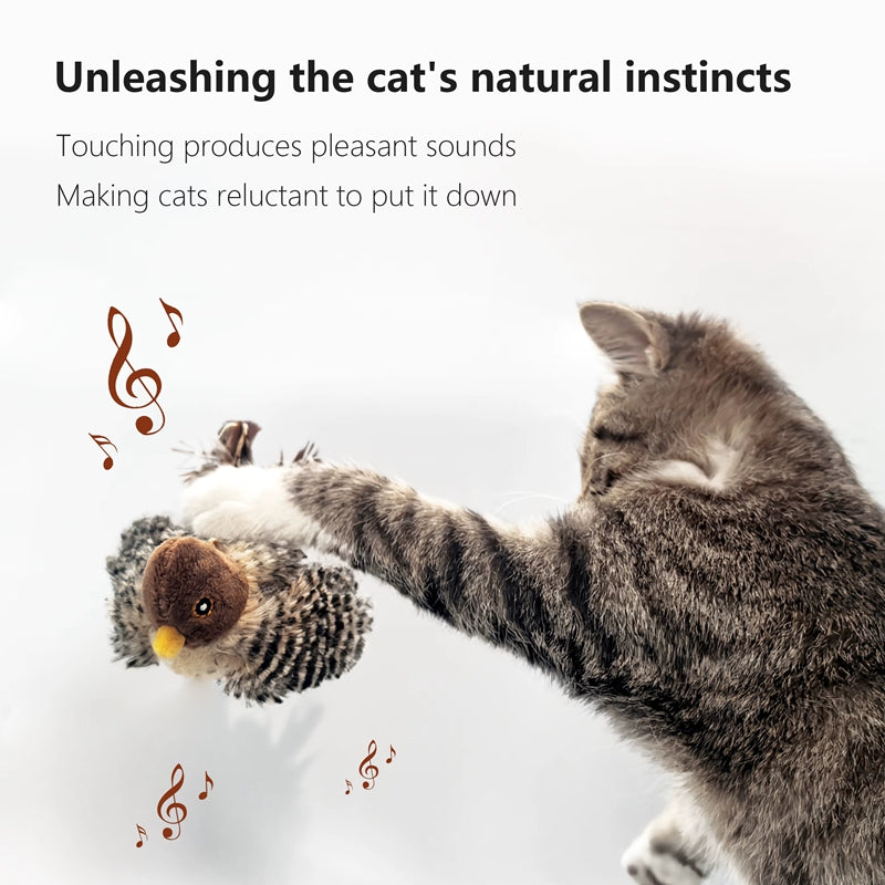 Plush bird cat toy with brown head and feathered body, being batted by a cat