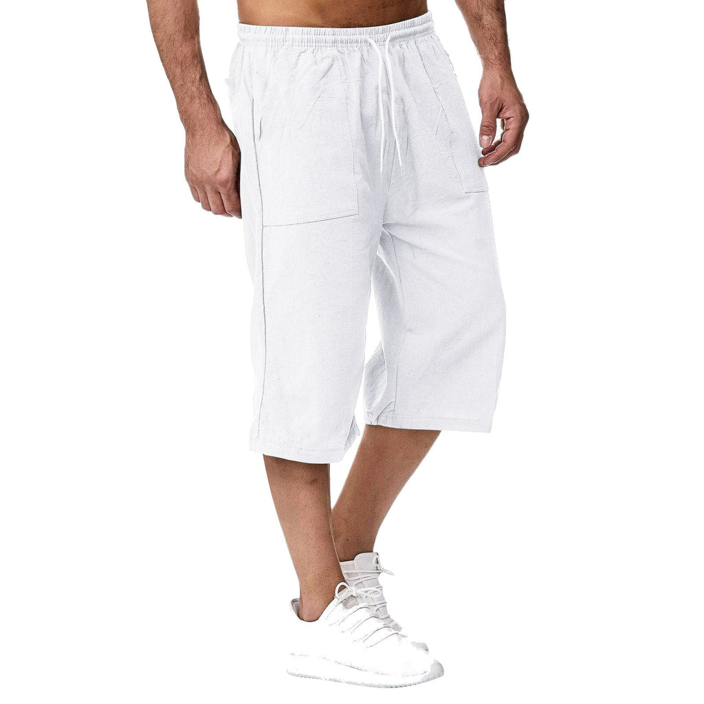 Men's white cotton-linen drawstring shorts with elastic waistband and mid-calf length
