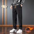 Men's straight-leg corduroy pants, black, thick-looking ribbed fabric, drawstring