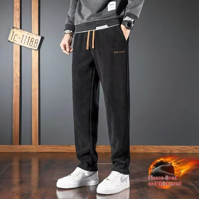 Men's straight-leg corduroy pants, black, thick-looking ribbed fabric, drawstring