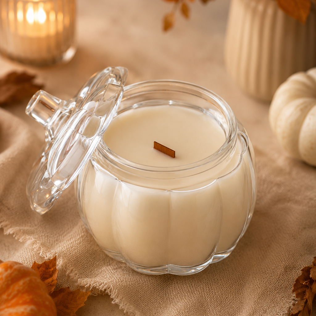 Clear glass candle jar with cream wax and small wick, lid slightly open