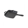 Black square cast iron grill pan with ridged surface and side handle