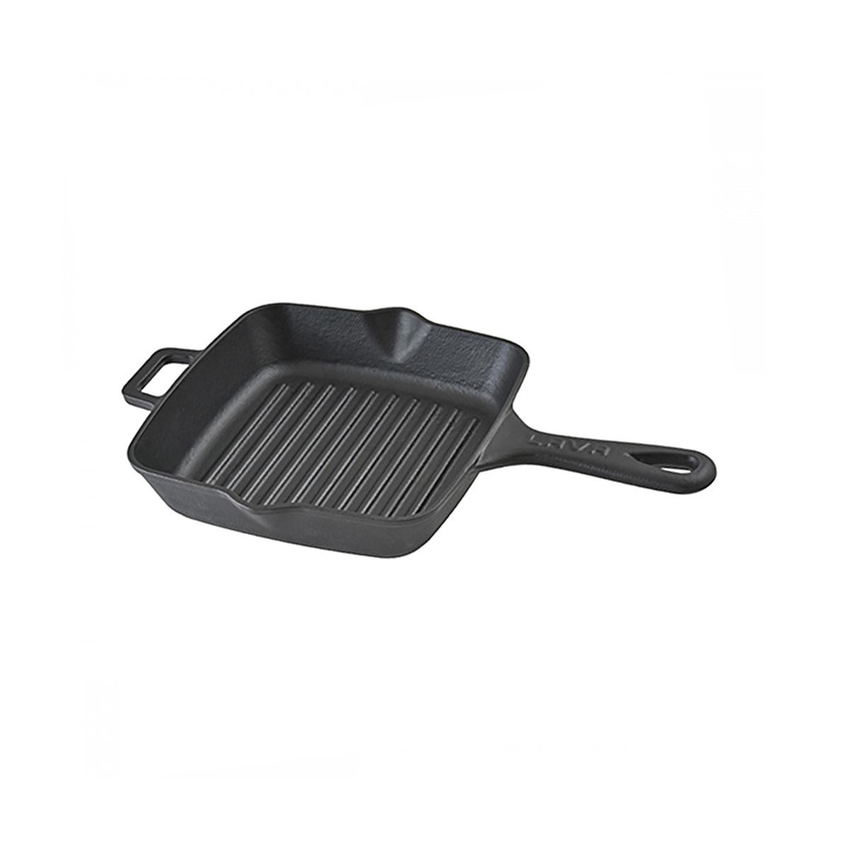 Black square cast iron grill pan with ridged surface and side handle