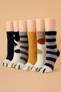 Fuzzy animal-themed slipper socks, striped and paw-patterned bundle of six pairs
