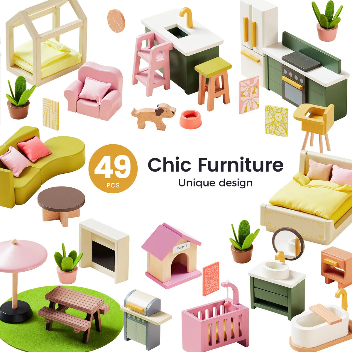 Dollhouse furniture set with 49 pieces: beds, chairs, tables, accessories, plants