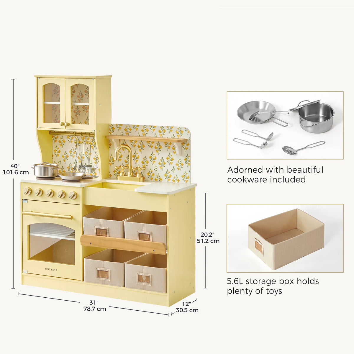 Yellow wooden play kitchen with shelves and storage drawers, included metal cookware