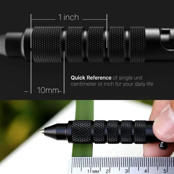 Textured grip segment of dark bolt-action EDC pen with tip