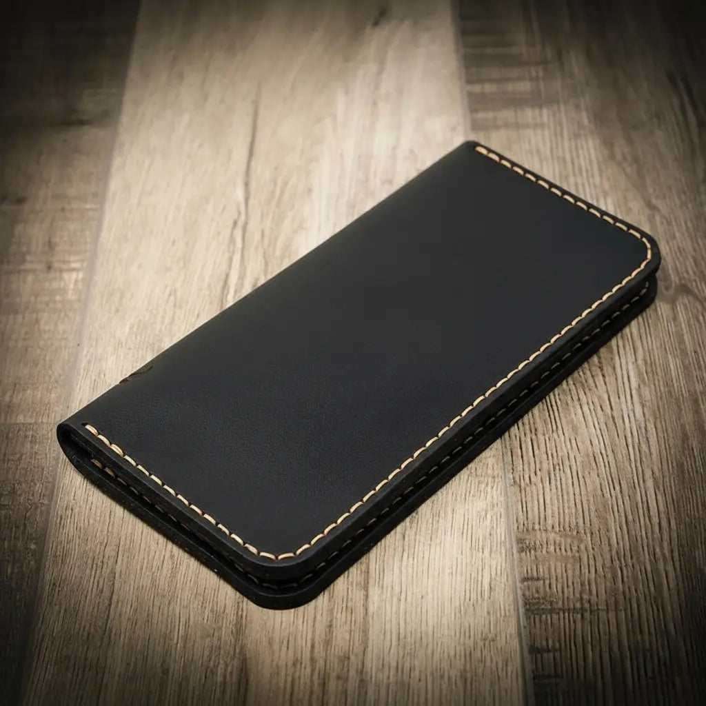 Black long bifold leather wallet with contrast-stitched edges