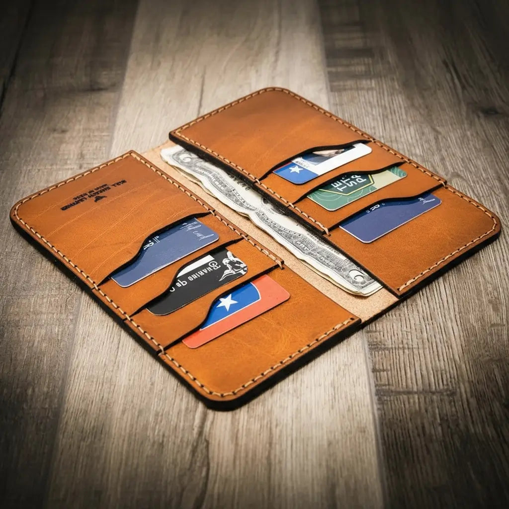 Orange-brown long leather wallet opened, showing card slots and bill compartment.