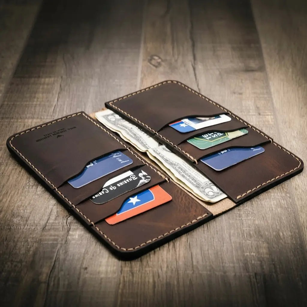 Dark brown long leather wallet opened to show card slots and bill compartment.