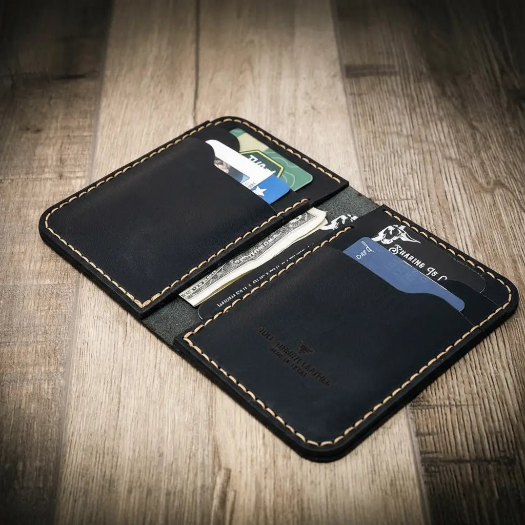 Open black leather vertical wallet with card slots and folded cash, contrast stitching