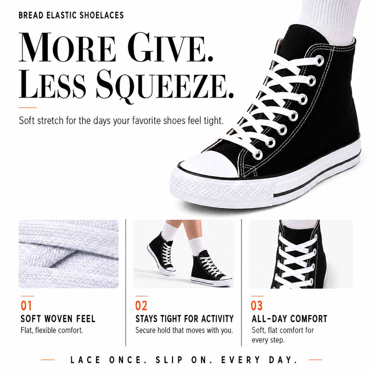 Black elastic shoelaces with white lacing on high-top canvas shoes