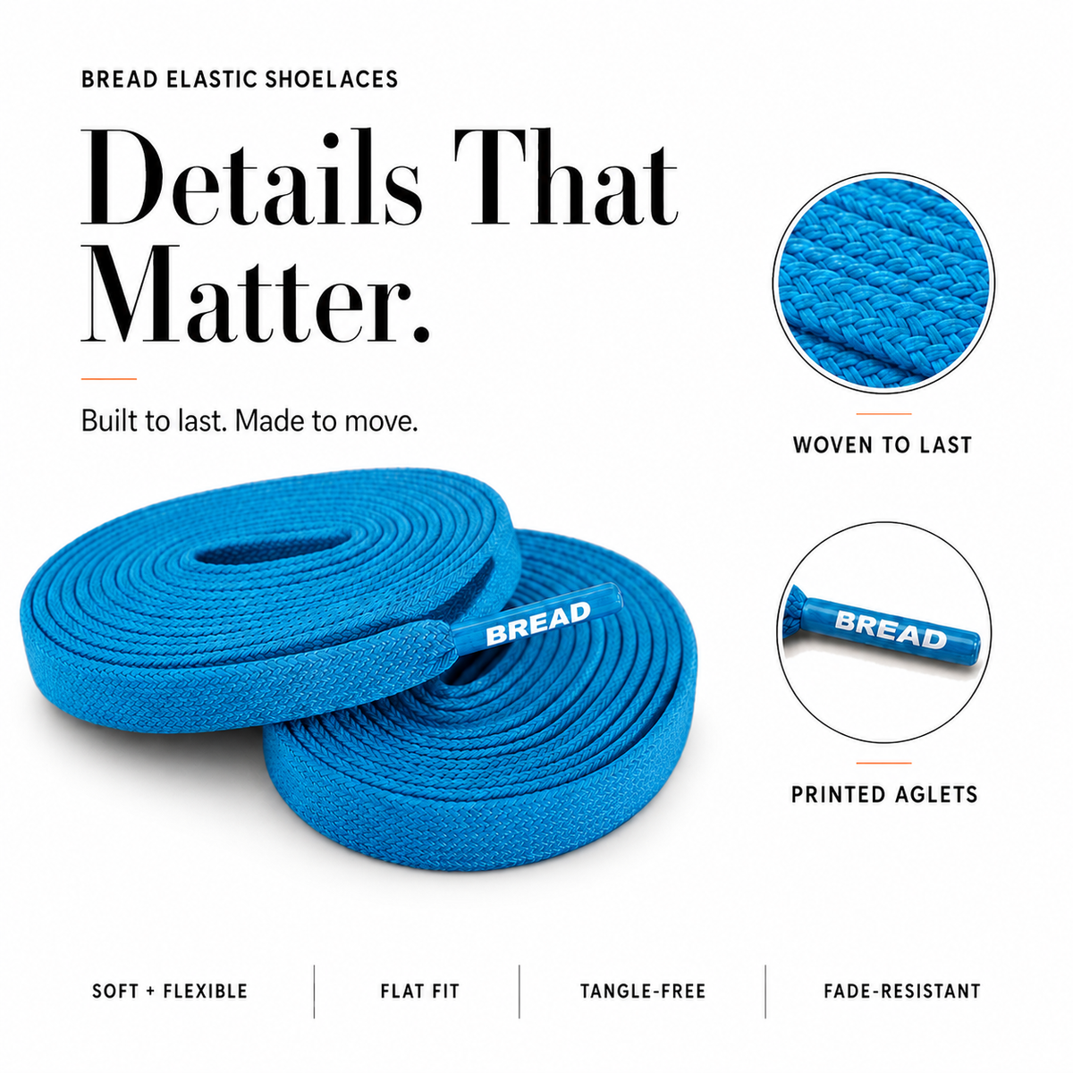 Rolled blue elastic shoelaces with woven texture and branded tag