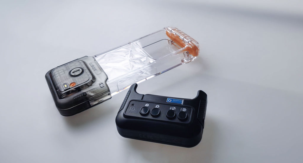 Waterproof phone case set with clear cover and black controller-style base
