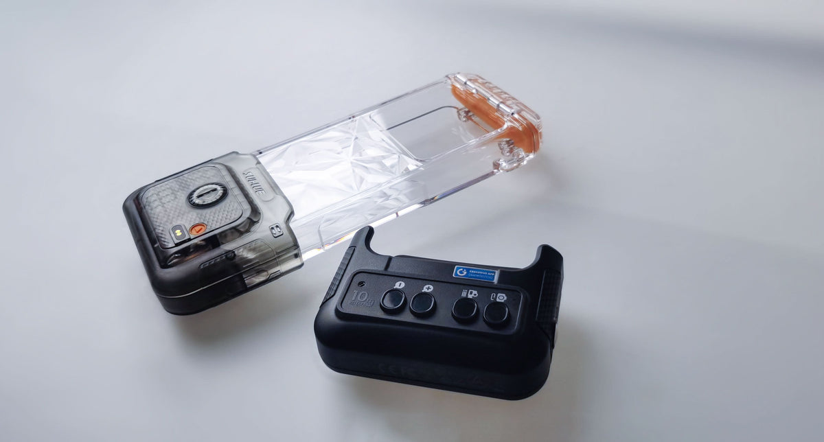 Waterproof phone case set with clear cover and black controller-style base